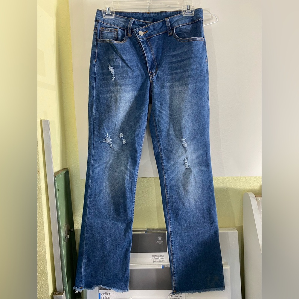 Crossover Zipper Straight Leg Distressed Jeans